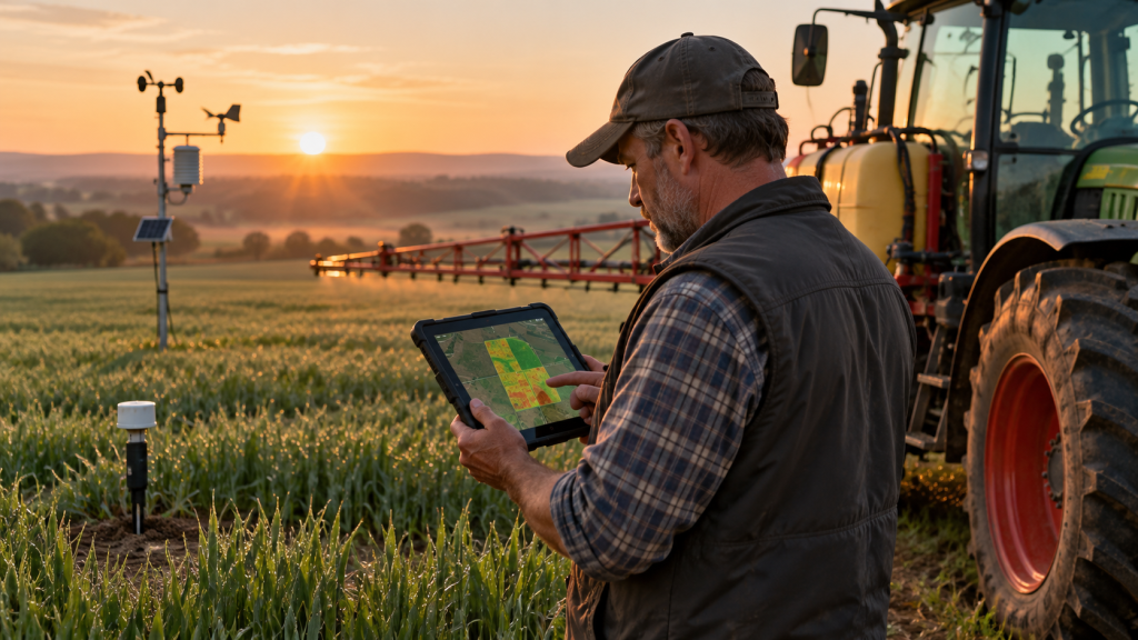 Ilustración de un agricultor que consulta el cuaderno digital de explotación en una tableta junto a un tractor con pulverizador, una estación meteorológica y un sensor de humedad del suelo.