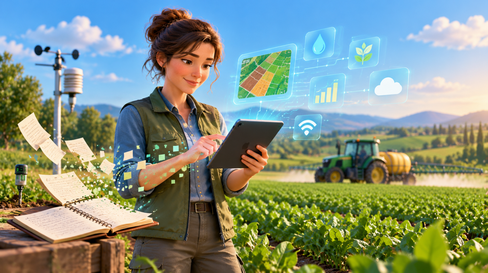 Ilustración de una agricultora con una tableta que recibe datos del cuaderno digital de explotación, con iconos de mapas, riego y clima sobre un campo de cultivo.