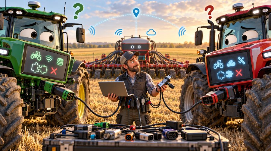 Técnico agrónomo intenta integrar los sistemas digitales de dos tractores de diferentes fabricantes mediante conectores y herramientas tecnológicas.