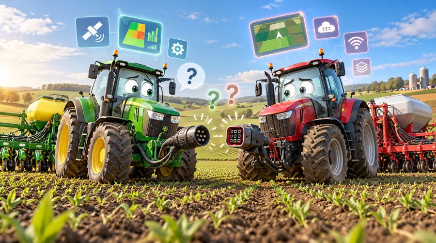 Dos tractores de distintas marcas intentan comunicarse sin éxito por problemas de interoperabilidad de maquinaria agrícola.